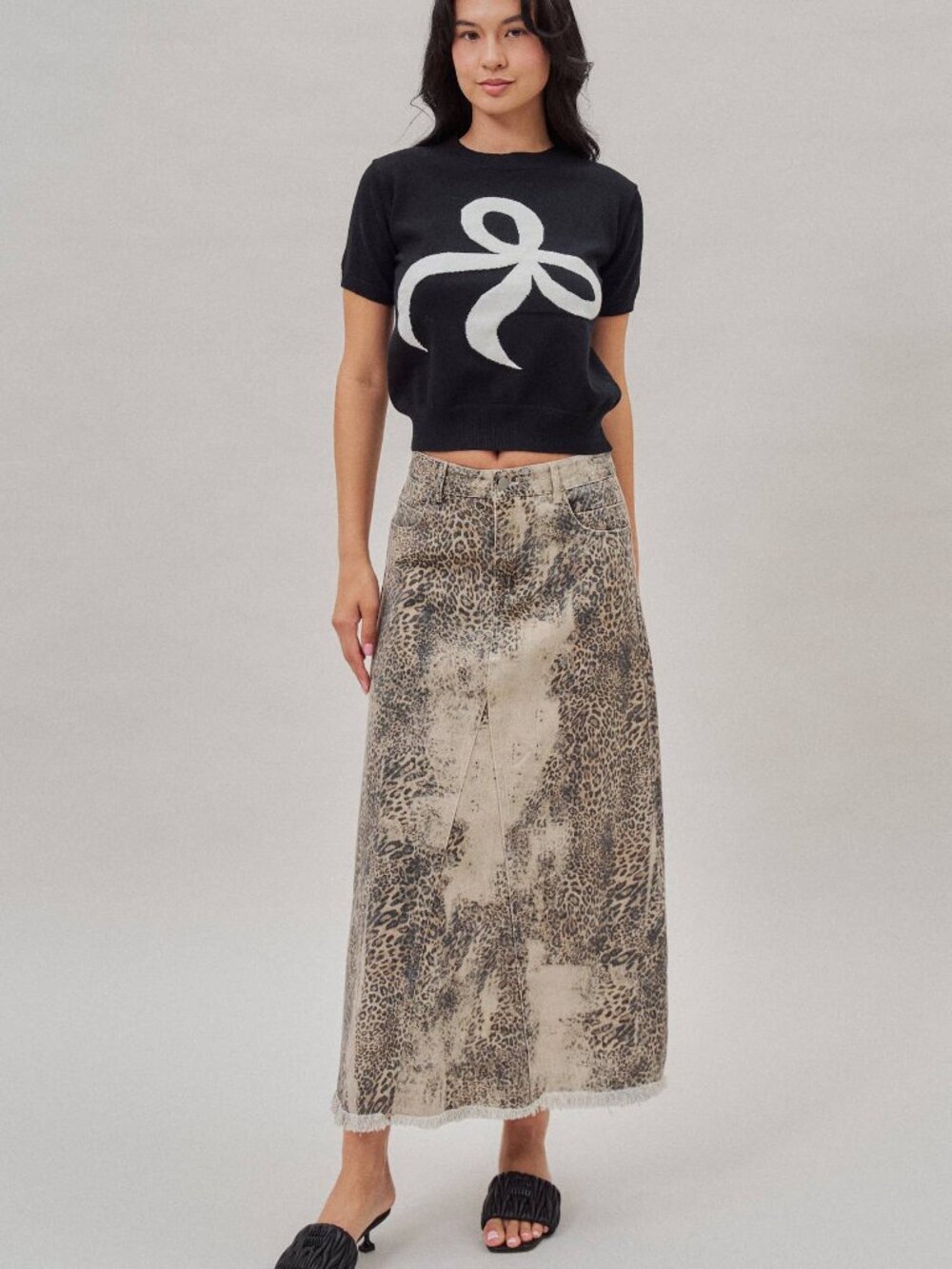 NWT Washed Leopard Print Denim Maxi Skirt
